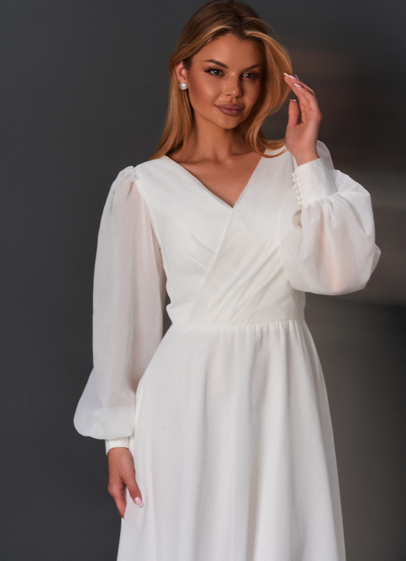 White wrap dress with sheer sleeves