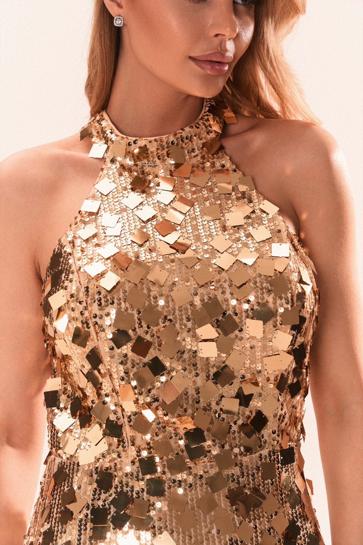 Gold mirror-sequin halter dress, detail