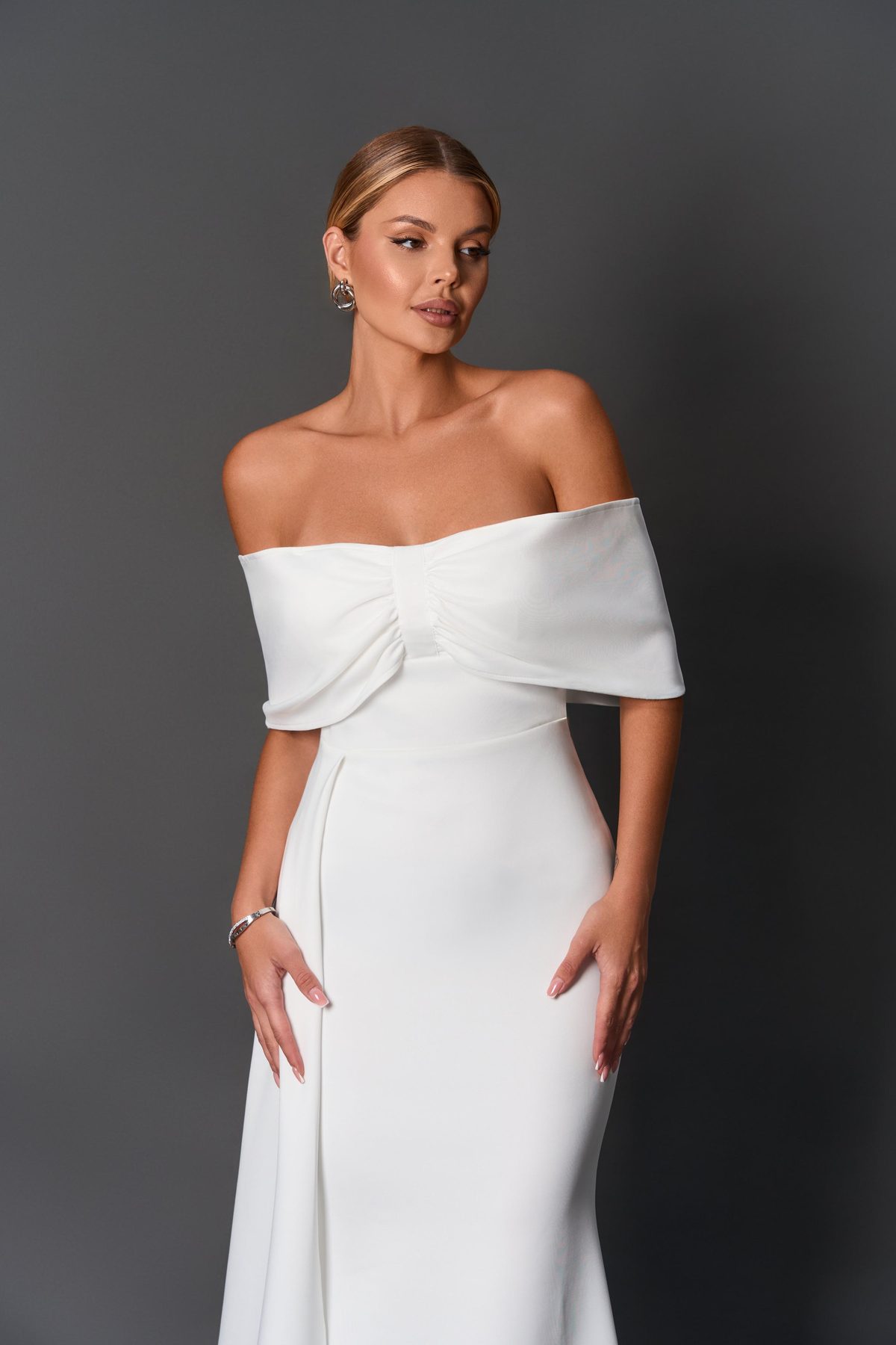 White off-shoulder gown, closing look