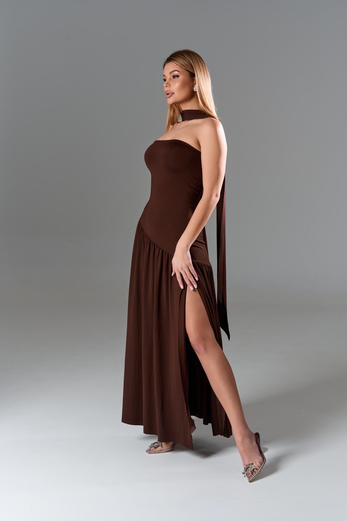 Valeria — chocolate evening dress with high slit