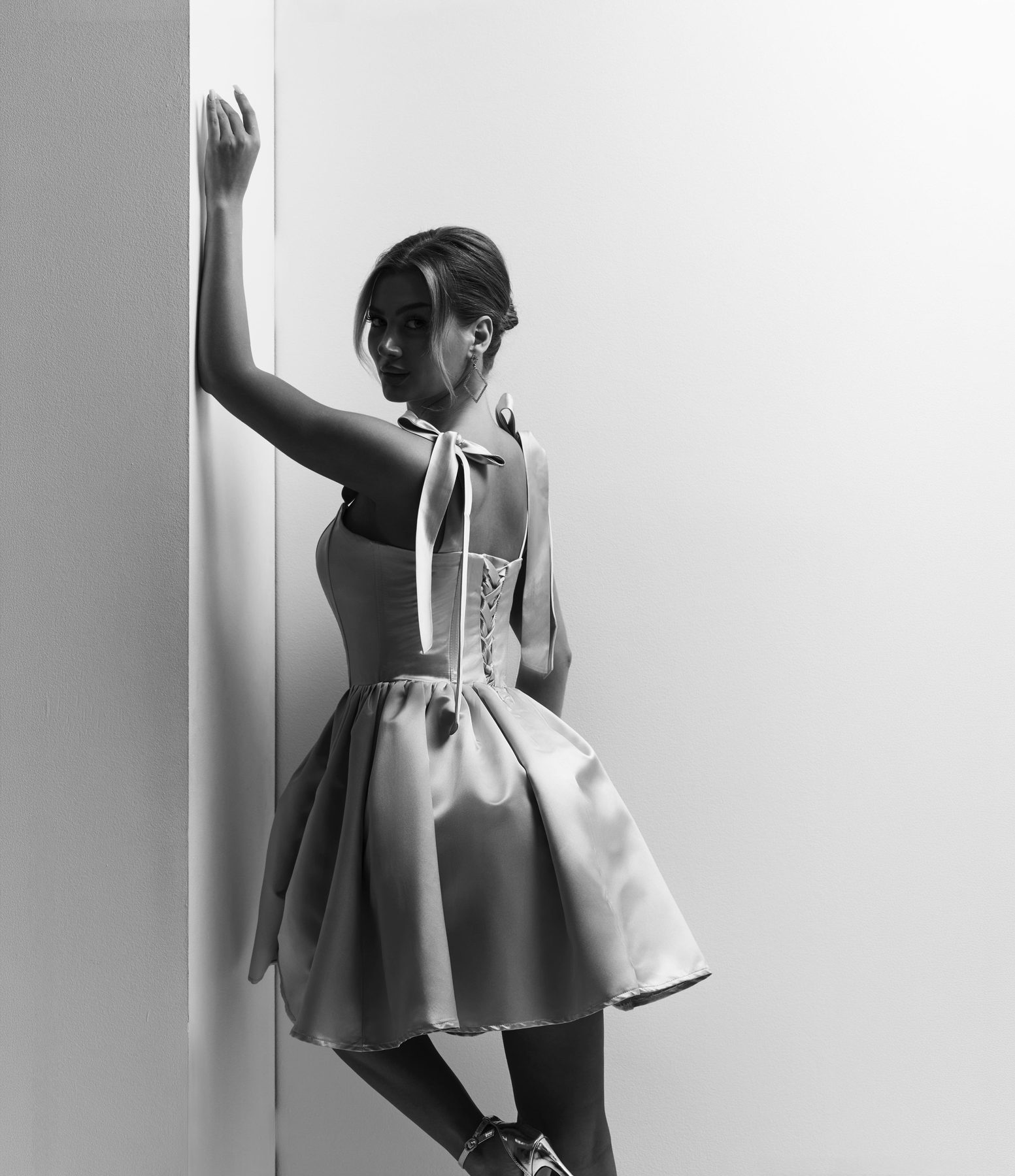 Structured mini dress, black and white editorial