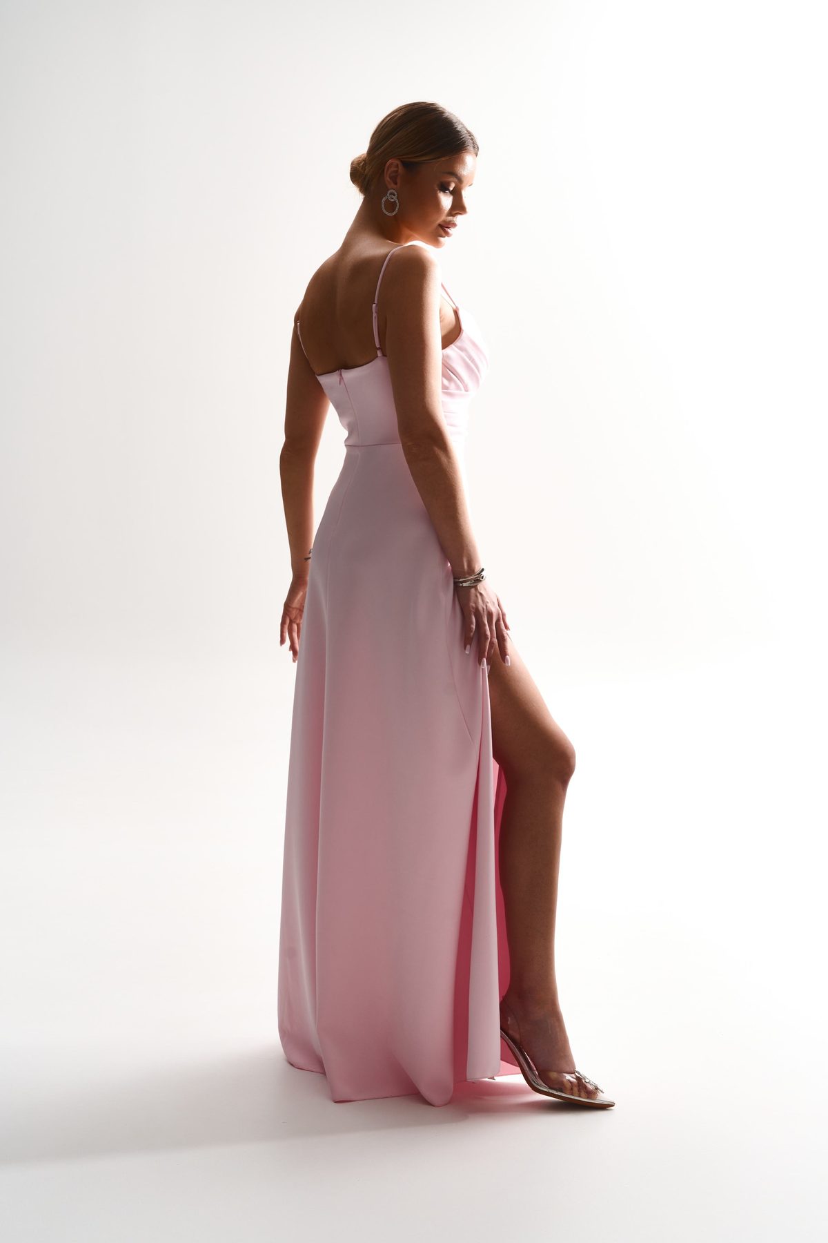 Blush slip gown in studio light